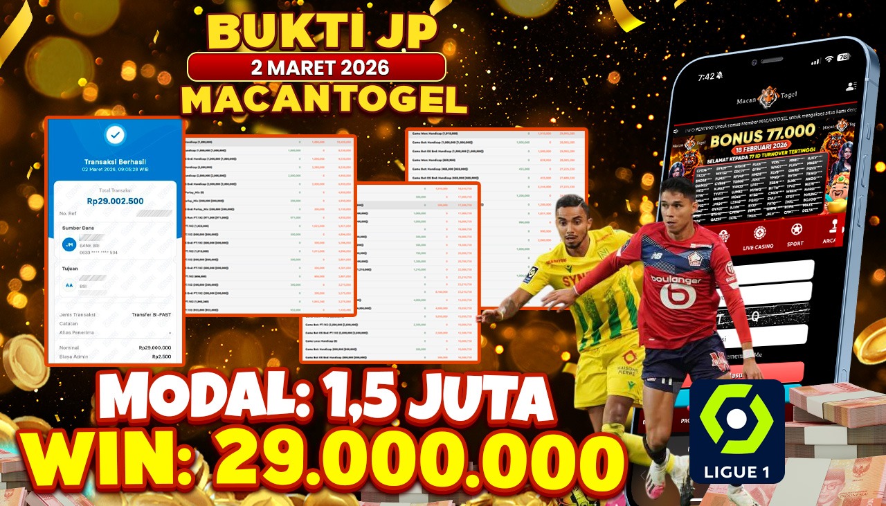 MACANTOGEL JACKPOT PERMAINAN SPORTSBOOK SPORT SOCCER Rp.29.000.000,- LUNAS