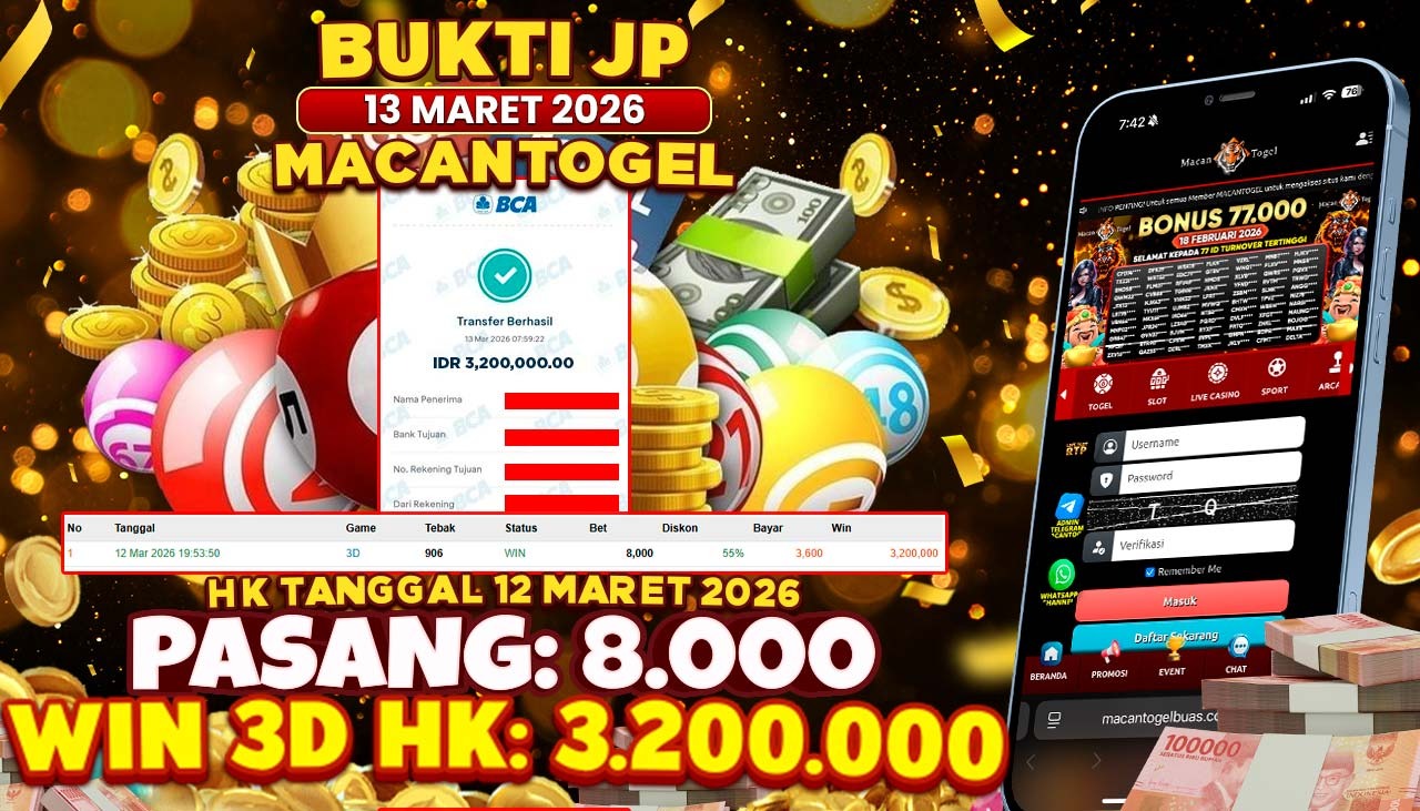 MACANTOGEL JACKPOT PERMAINAN TOGEL 4D HK Rp.3.200.000,- LUNAS