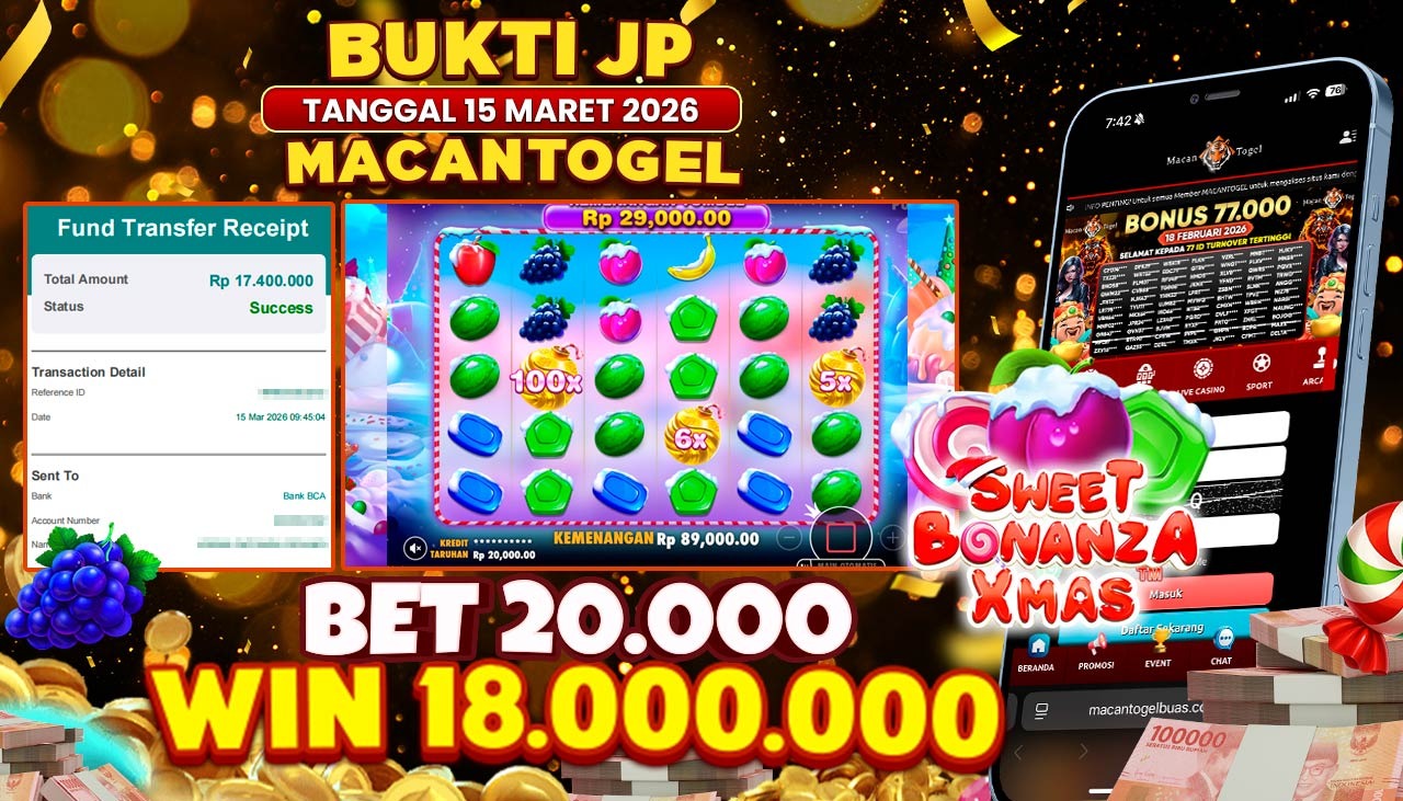 MACANTOGEL JACKPOT PERMAINAN SLOT PRAGMATIC PLAY SWEET BONANZA XMAS Rp.18.000.000,- LUNAS