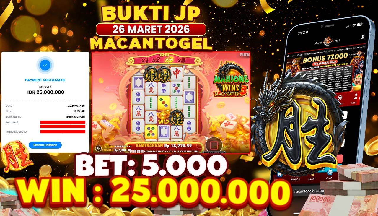 MACANTOGEL JACKPOT PERMAINAN SLOT PRAGMATIC PLAY MAHJONG WINS 3 BLACK SCATTER Rp.25.000.000,- LUNAS