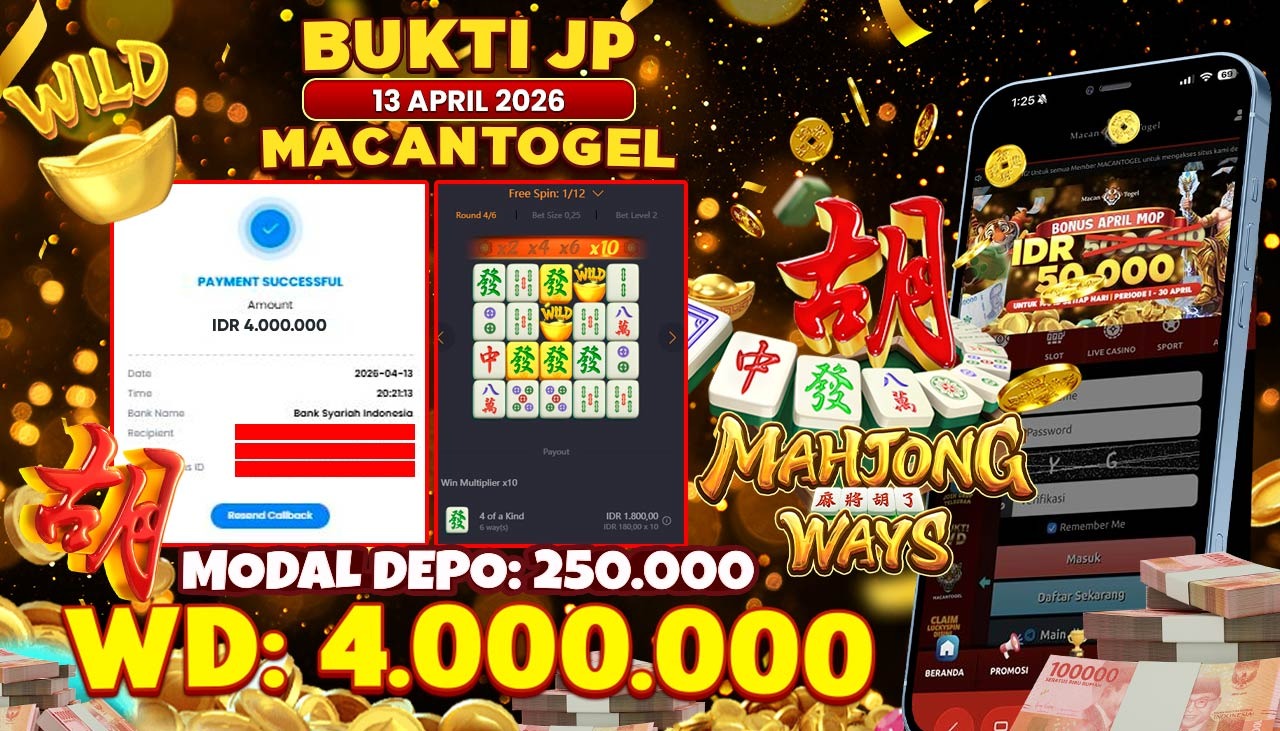 MACANTOGEL JACKPOT PERMAINAN SLOT PG SOFT MAHJONG WAYS Rp.4.000.000,- LUNAS