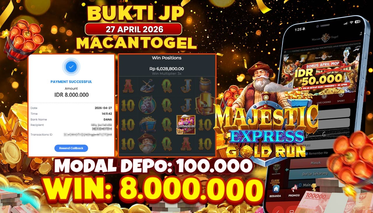 MACANTOGEL JACKPOT PERMAINAN SLOT PRAGMATIC PLAY MAJESTIC EXPRESS GOLD RUN Rp.8.000.000,- LUNAS